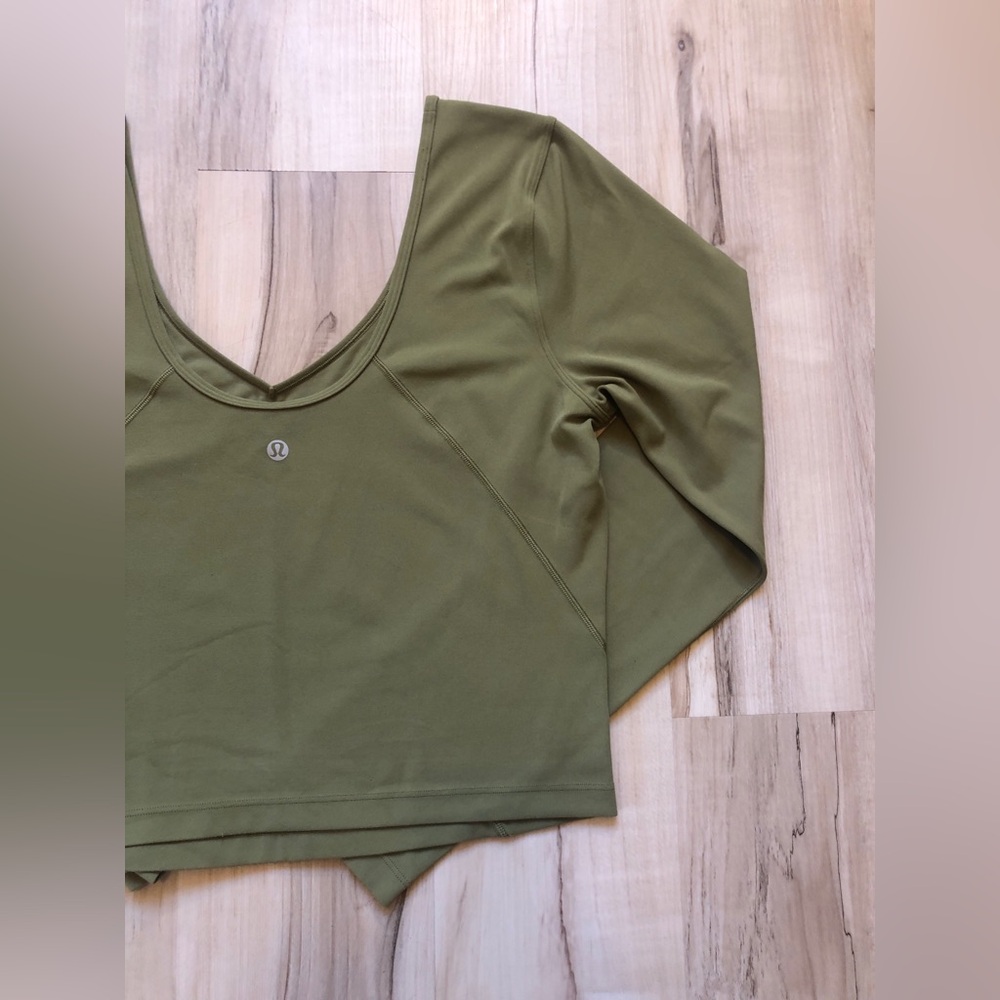 Lululemon Align V-Neck Long Sleeve Crop Top Olive Green Nulu Women's Size 6 - Picture 11 of 15